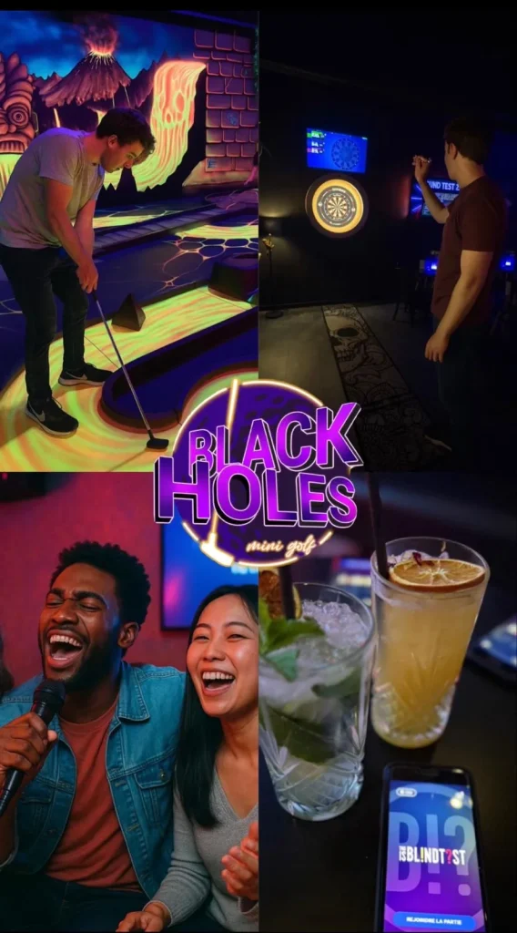 Montage des activités de Black Holes Minigolf à Chambly : mini-golf fluo, fléchettes connectées, karaoké et cocktails avec blind test