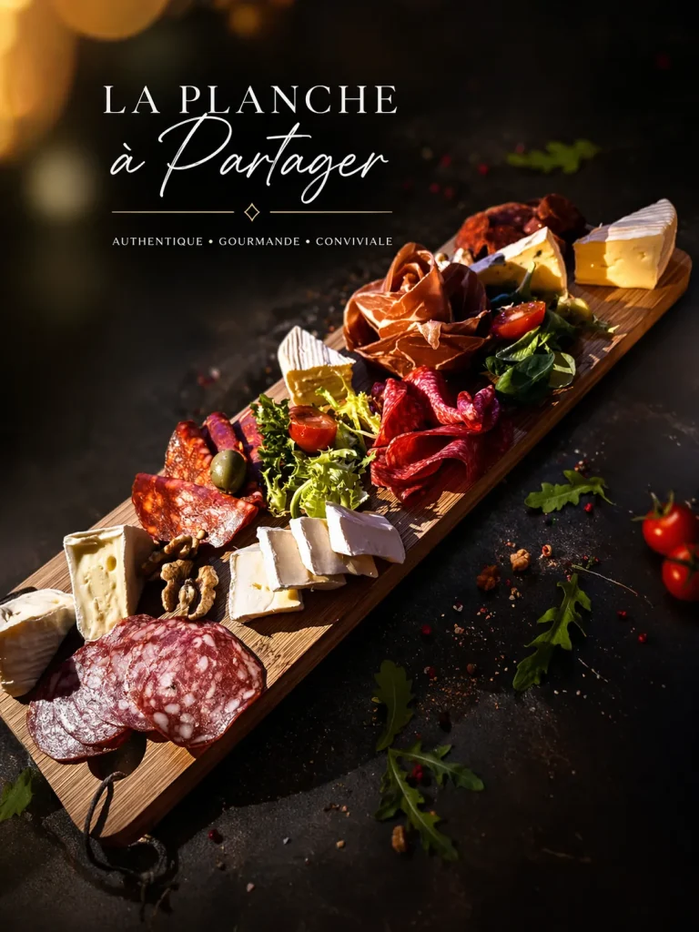 Planche à partager de charcuterie et fromages avec salade, tomates cerises et noix, servie chez Black Holes Minigolf à Chambly